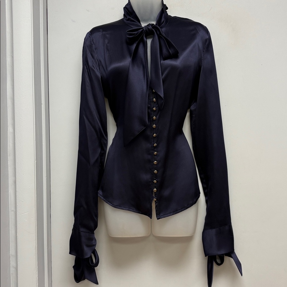 Versus Versace Navy Satin Bow Tie Button-Up Blouse